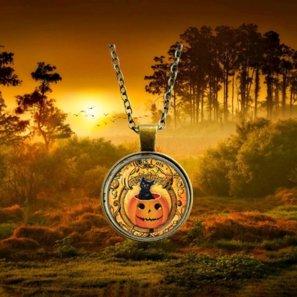 Black Cat / Pumpkin / Fall / Halloween / Pendant Necklace - Picture 9 of 11
